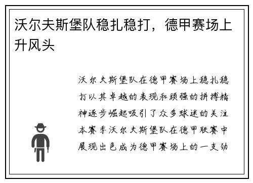 沃尔夫斯堡队稳扎稳打，德甲赛场上升风头