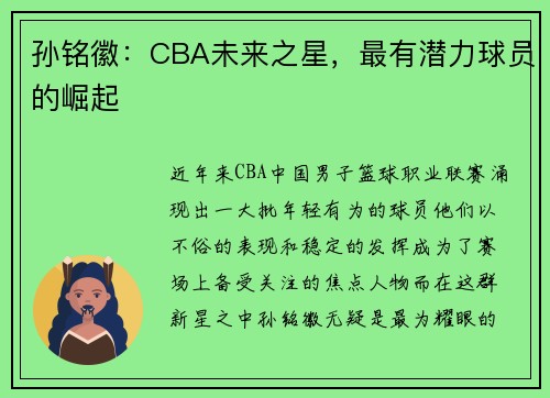 孙铭徽：CBA未来之星，最有潜力球员的崛起