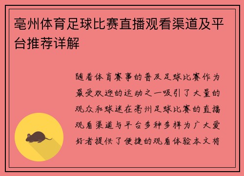 亳州体育足球比赛直播观看渠道及平台推荐详解